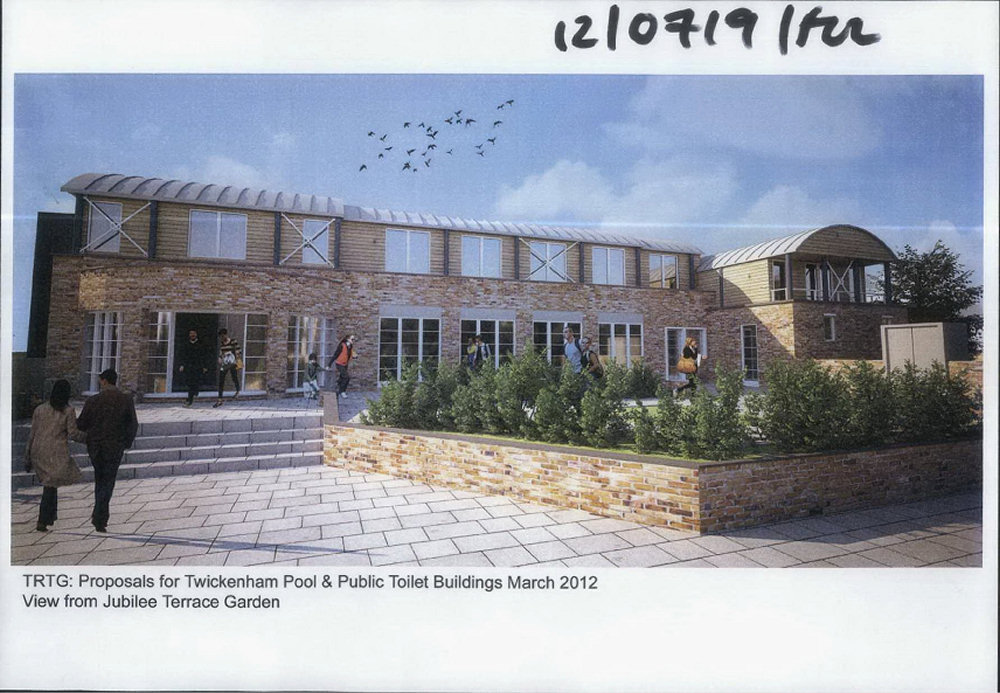 Pool buildings: caf&eacute; on left, superintendent's house on right.